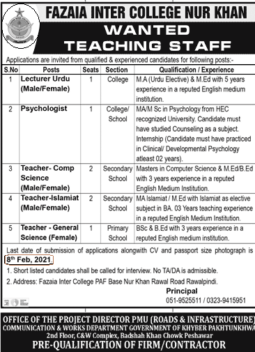 Fazaia Inter College Nur Khan Rawalpindi Jobs Advertisement (2021) Jobs 2021