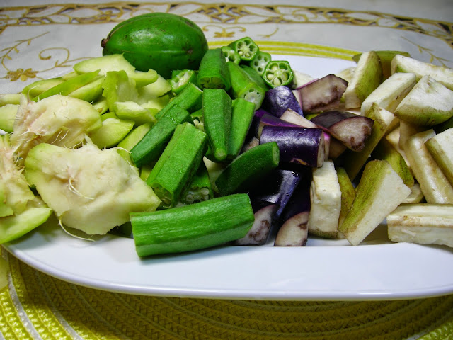 Ambarella, okra, egg plant and plantain sliced 