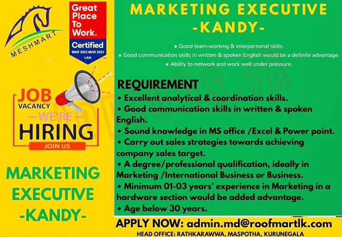 Marketing Executive Vacancy Kandy