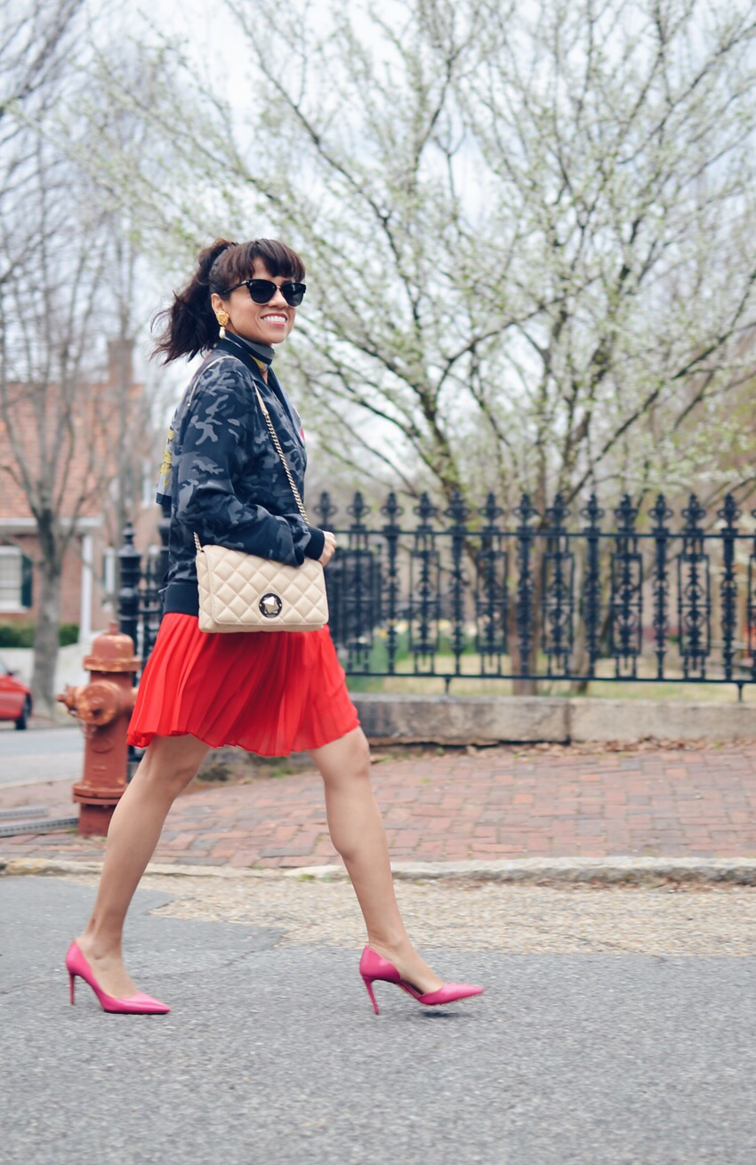 Street style outfit with red and pink 