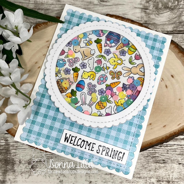 Welcome Spring Shaker Card by Donna Idlet | Spring Roundabout Stamp Set, Spring Blooms Paper Pad, Circle Frames Die Set and Frames & Flags Die Set by Newton's Nook Designs #newtonsnook #handmade