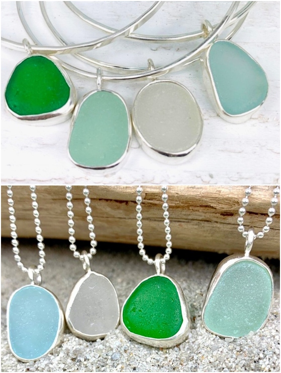 Bezel Seaglass Jewelry Designs Pendant Necklaces and Bracelets Genuine Sea Glass Pieces