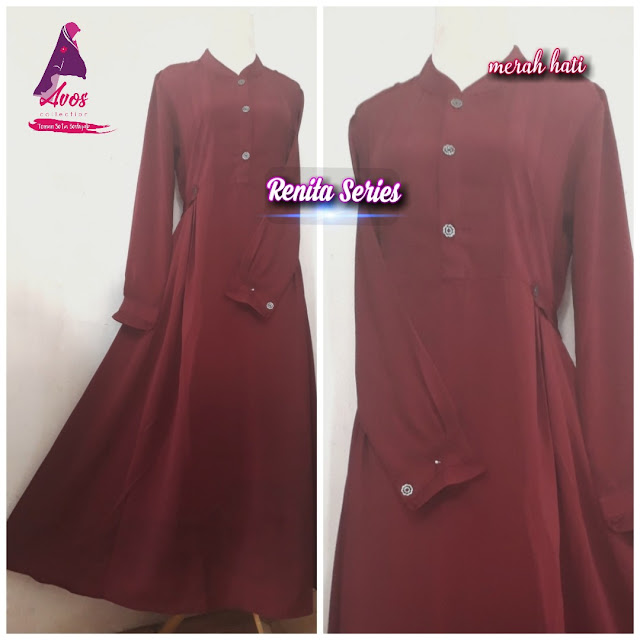 Gamis Renita wolpeach warna merah hati kancing depan