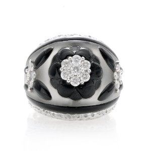 Platinum Black Diamond Black Enamel Crystal Quartz Engagement Ring