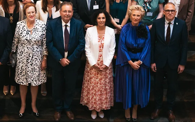 Princess Astrid wore a pussy-bow G logo-print silk-faille dress by Gucci. Princess Astrid attended the Belgian official reception