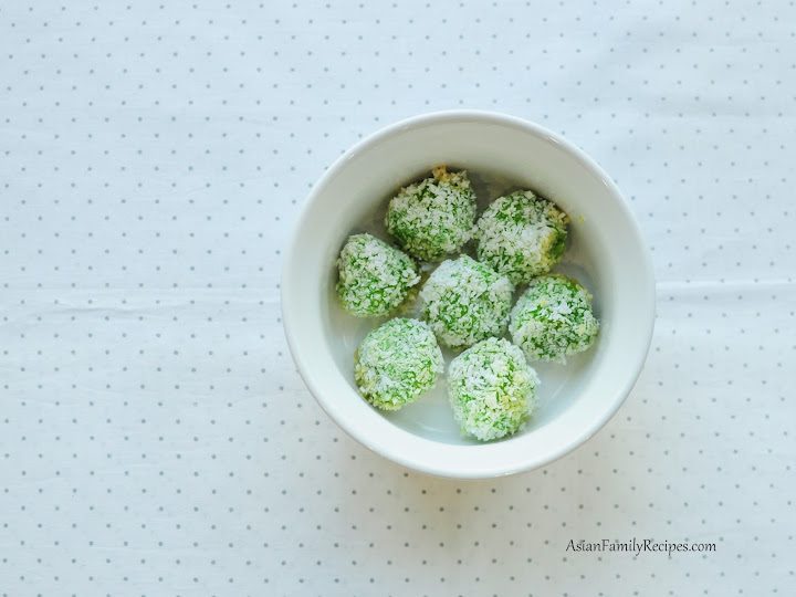 Klepon or Indonesian mochi with coconut sugar filling