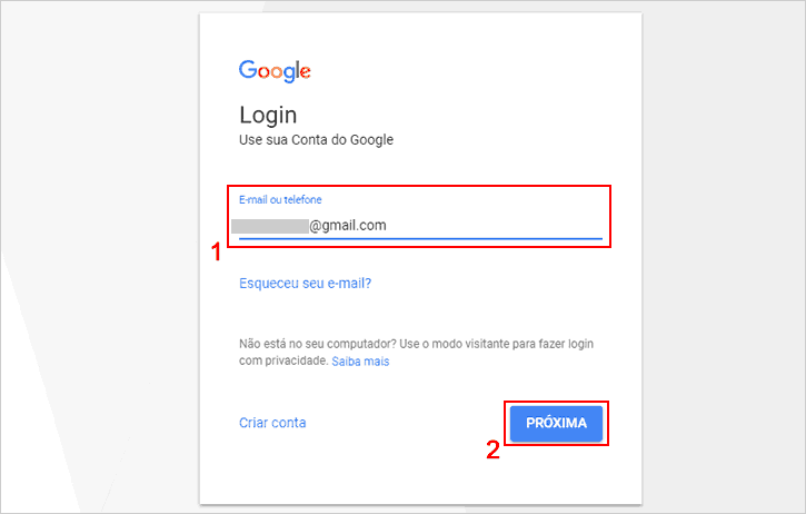 Preenchendo com E-mail ou telefone para fazer login