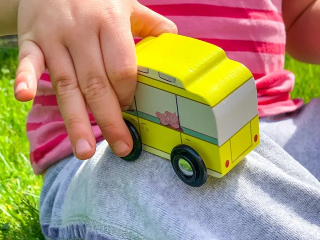 Close up of the Peppa Pig Campervan wooden toy from Milly & Flynn