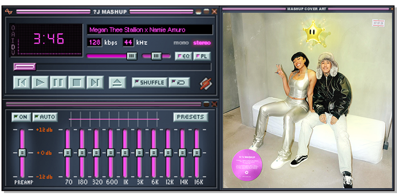 🎛️ Megan Thee Stallion featuring Yuki Chiba x Namie Amuro - Mamushi (Random J Mashup) | Random J Mashups The Winamp classic player with a pink colour scheme. Currently playing the Random J Mashup of Megan Thee Stallion and Yuki Chiba’s “Mamushi” and Namie Amuro’s “The Speed Star” — the cover art of which is displayed on the right-hand side.