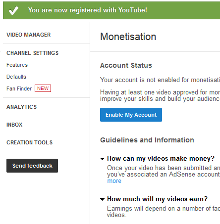 YouTube AdSense Monetisation Page