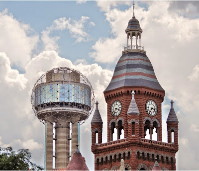 Tops of Old Red Courthouse and Dallas landmark tower-mounted (Light) Ball