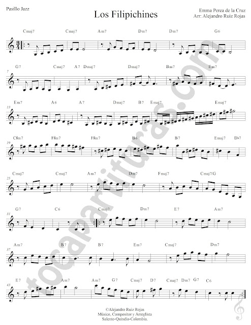Los Filipichines Pasillo Jazz de Emma Perea de la Cruz Partitura Fácil con Acordes Los Filipichines Easy Sheet Music with Chords