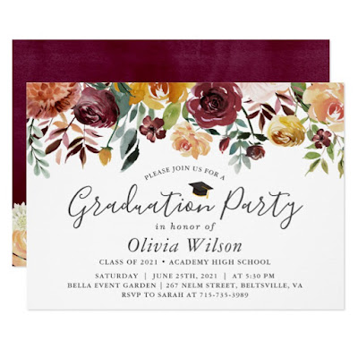  Graduation Party Burgundy Red Orange Floral Invitation