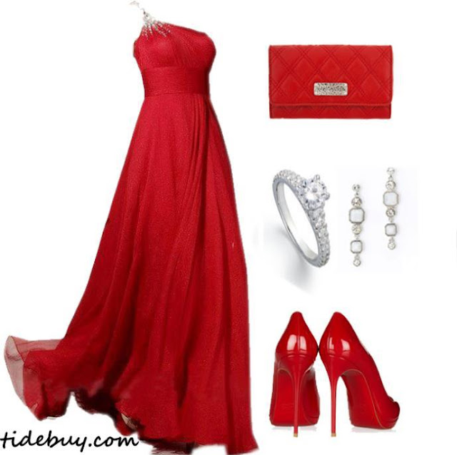 Red color wedding gown, hand bag, high heel sandals and wedding rings for ladies