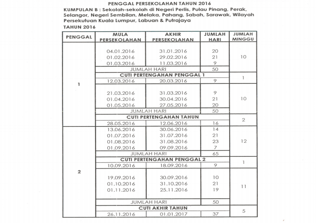 Dunia Sekolah: Takwim Persekolahan Kalender 2016