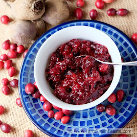 A colorful side dish of cranberries with roasted beets and dried apricots simmered in a sweetened apple cider/orange juice broth. A delicious addition to holiday meals and a terrific way to use farm share beets that gets the whole family to dig in.