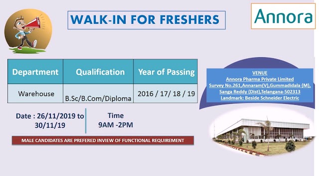 Annora Pharma | Walk-in for Freshers at Hyderabad on 26 to 30 Nov 2019 | Pharma Jobs in Hyderabad