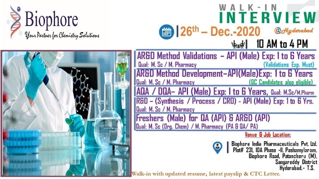 Biophore India | Walk-in for Freshers and Experienced in R&D/AR&D/QA on 26th Dec 2020