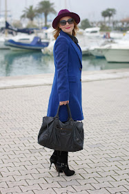 Ecua-Andino hat, cobalt blue coat, Balenciaga work bag, Fashion and Cookies, fashion blogger