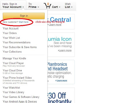 Hãy vào trang chủ Amazon, trỏ chuột tại Your tài khoản và chọn Start here.