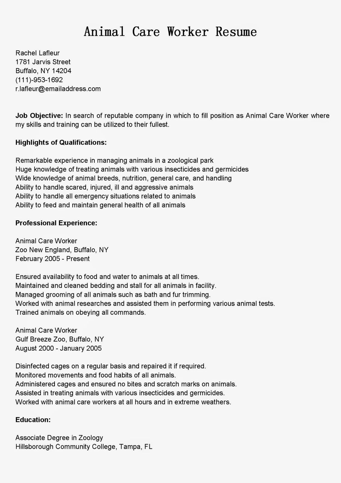 Resume Samples: Animal Care Worker Resume