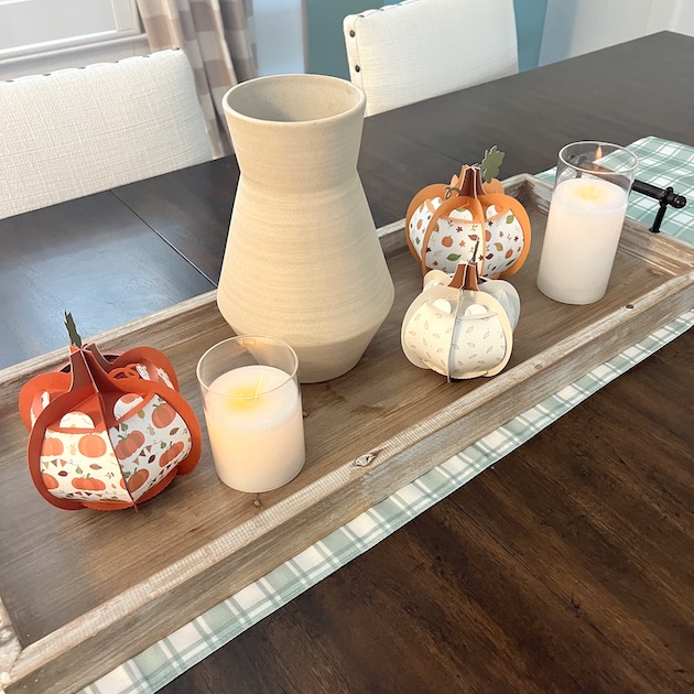 3D Paper Pumpkin Decorations with candles and a vase for fall