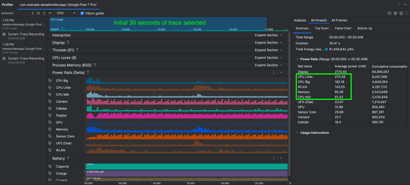 Power consumption in scenario B - playing a lower quality video