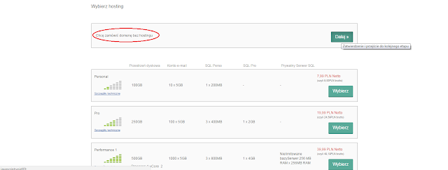 Opcja wyboru różnych pakietów domena + hosting
