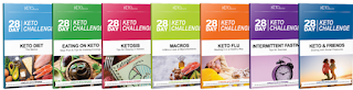 Image 28 Day Keto Plan Program Booklets titles include :Keto Diet Basics, Eating Well On Keto, Staying In Ketosis, Mastering Macros, Beating Keto Flu, Intermittent Fasting, Social Situations, Link opens in new tab