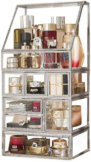 Antique Mirror Glass 4Tirer Stackable Makeup Organizer/Large Palette 3layer Drawer Vanity Storage for Perfume/Skincare/Bathroom Accessories Dust Free Countertop Cosmetic Cases Holder (Silver)