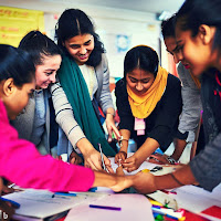 a group of students from different ages and cultural backgrounds, working together in a learning activity, with smiles on their faces and expressing inclusion and collaboration. The photograph should convey the idea that diversity is a positive force in the learning community and that all students have the opportunity to participate in inclusive assessment practices and receive feedback that helps them achieve their learning goals.