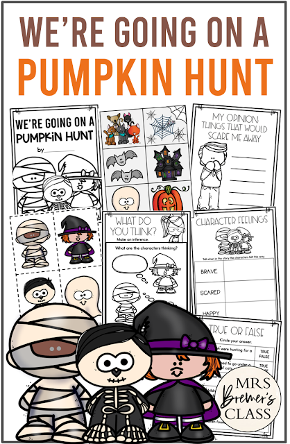 We're Going on a Pumpkin Hunt book activities unit with reading companion worksheets, literacy printables and a craft for Halloween in Kindergarten and First Grade