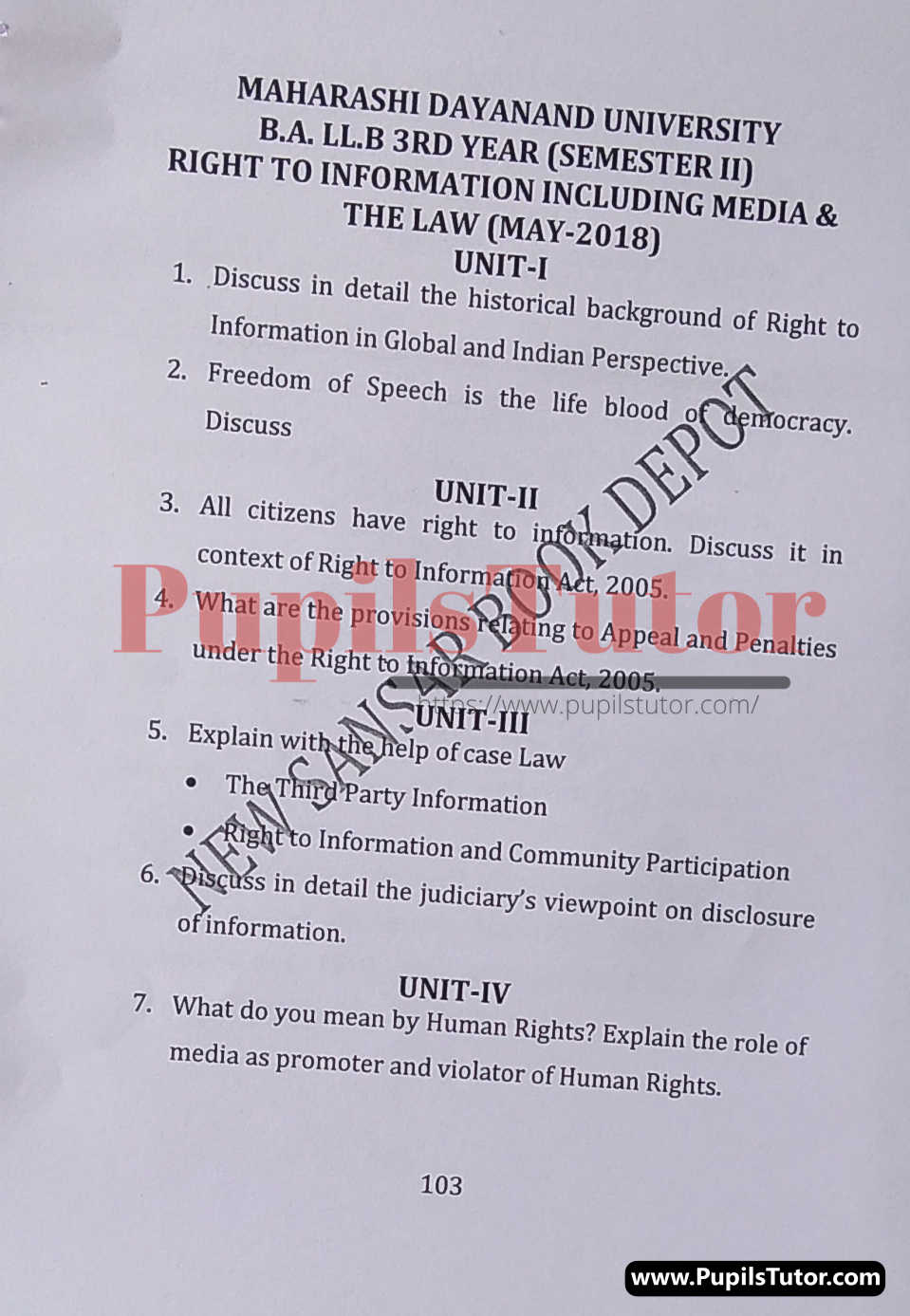 MDU (Maharshi Dayanand University, Rohtak Haryana) LLB Regular Exam (Hons.) Second Semester Previous Year Right To Information Including Media And The Law Question Paper For May, 2018 Exam (Question Paper Page 1) - pupilstutor.com