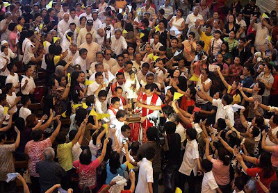 Saint Pedro Calungsod arrives at Our Lady of Guadalupe Church in Cebu City