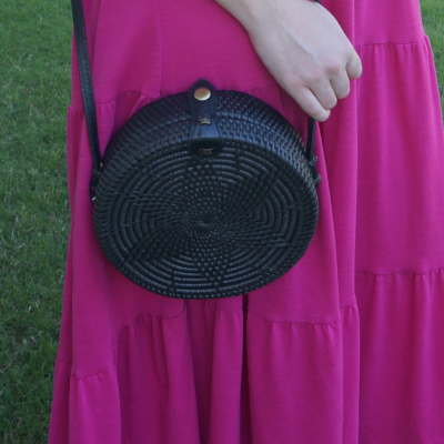 Amerii medium sling rattan bag in black with fuchsia tiered midi dress | awayfromtheblue
