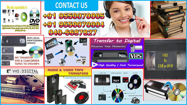 VCR VHS Cassette to DVD Conversion Get any cassette converted to digital mp4 format under 1 day. Best cassette conversion service in Hyderabad City offering high quality Video and Audio Cassette Conversions to pendrive and hard disks directly at Superb quality. contact us. Call: 9550070005 / 9550070004 / 040-6687827 . Old VHS Cassettes Converted to Mp4 files and delivered in external hard disk VHS cassettes transferred to DVD VHS cassettes copy to DVD in MP4 format 8mm tape cassettes transferred to pendrive in mp4 format. Bulk Conversion of 8mm Cassette Tapes to External Hard Drive Audio Cassettes, VHS Cassettes all converted to Digital format into Pendrive we convert any cassette to digital format and deliver them in in popular medium like pen drives hard disk and DVDs, just contact us and we will assist you with the conversion process. Do you have your precious memories trapped in any of the outdated storage medium in the image above, just call us we will extract the video that is trapped inside these obsolete and perishable storage medium in high quality in a short time at a best price. Panasonic E-180 VHS cassette converted to pendrive High Quality and Quick Conversion of VHS and Hi8 Video Tapes to Pendrive (Mp4 file) is available. Call us and we will preserve your memories in a safe format. We've been nominated for Providing Quality Services to our clients. Mini DV Video Tapes to Pendrive conversion (mp4 format) Mini DV Video Cassette Conversion to mp4 (pendrive) Conversion VCR VHS Video Tapes conversion to mpg/mp4 format into external hard disk If you're looking to convert your Old Video Tapes to Digital format. You should call us up at +91-9550070005 . We offer digital conversion service with following advantages ✓We Support all Video and Audio formats ✓High Quality future proof digital formats ✓Affordable Prices ✓Shortest Delivery Times ✓Hassle Free Experience ✓Dedicated Customer Service Feel free to contact us. Call: 9550070005 / 9550070004 / 040-6687827 . VCR VHS Cassette to DVD Conversion,HI8 VCR VHS Cassette DVD,VIDEO EDITING,AUDIO,VIDEO,DV CONVERSIONS https://vcrvhscassettetodvdconversions.business.site https://bit.ly/2QRI0bQ https://g.page/VCRVHSHI8DVAUDIOVIDEOEDITINGDVD https://www.youtube.com/watch?v=DIik9DOfpjU https://vcrvhscassettetodvdconversions.business.site https://bit.ly/3jCoahd https://www.facebook.com/swatikDigitals/