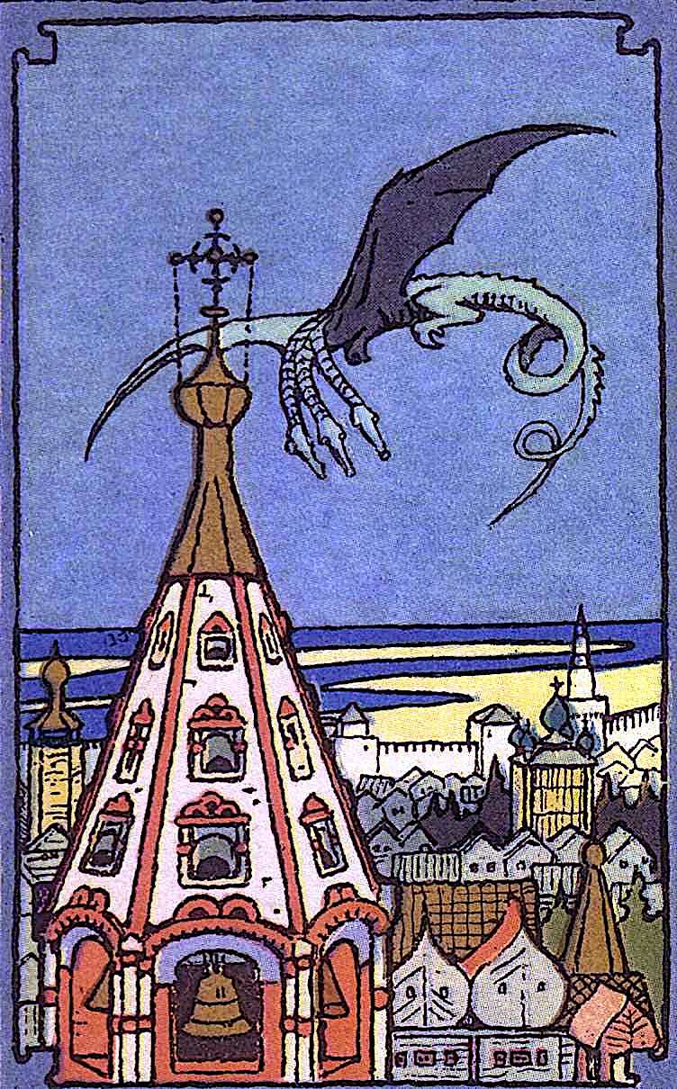 an Ivan Bilibin illustration of a flying dragon, 1900 Russia