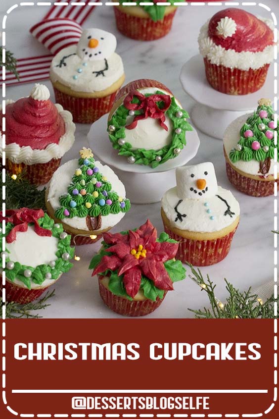 These festive Christmas cupcakes decorated five different ways from Preppy Kitchen are too cute not to make for your next holiday gathering! Moist and fluffy vanilla cupcakes topped with vanilla buttercream, this recipe will become a year-round favorite!! #DessertsBlogSelfe #christmascupcakes #holidaycupcakes #holidaytreats #dessertsforparties #christmas