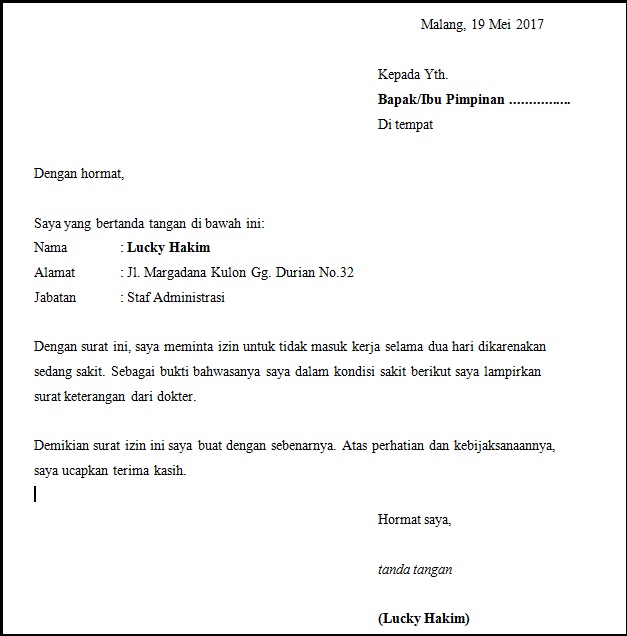 Contoh Surat Izin Untuk Kerja Contoh Surat