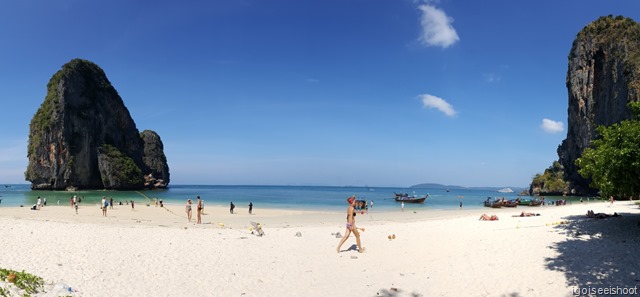 Panoramic photo of Phra Nang beach near where we landed from our long-tail boat from Ao Nang.