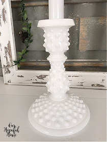 white pointy hobnail milk glass candlestick chippy white frame