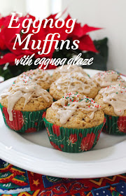 Food Lust People Love: These delicious eggnog muffins with eggnog glaze are redolent with bourbon, eggnog, brown sugar, cinnamon and nutmeg, are perfect for an easy Christmas morning breakfast or afternoon treat.