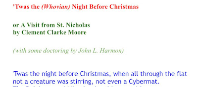 Screenshot of the poem 'Twas the (Whovian) Night Before Christmas shows the line, 'Twas the night before Christmas, when all through the flat not a creature was stirring, not even a Cybermat.
