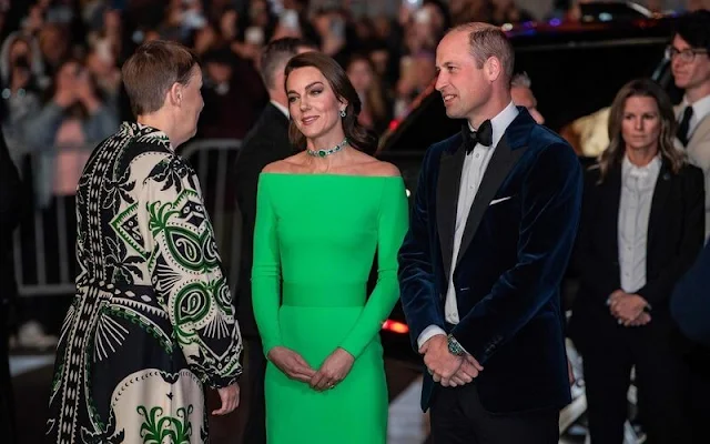 Princess Catherine wore a bright green sabina maxi dress by Solace London. Asprey London emerald and diamond halo earrings