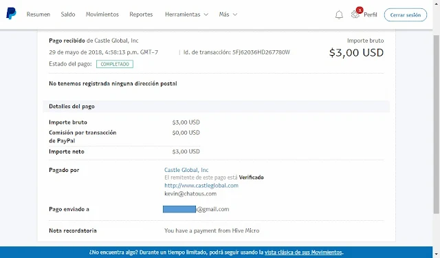 Recepción de primer pago de Hive Work en Paypal.