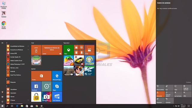 Menú inicio y barra de notificaciones de Windows 10