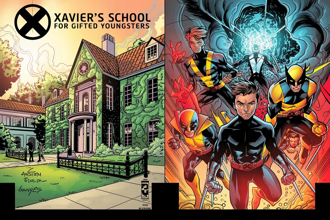 Split image showing Xavier's school exterior (peaceful) juxtaposed with young X-Men in combat training