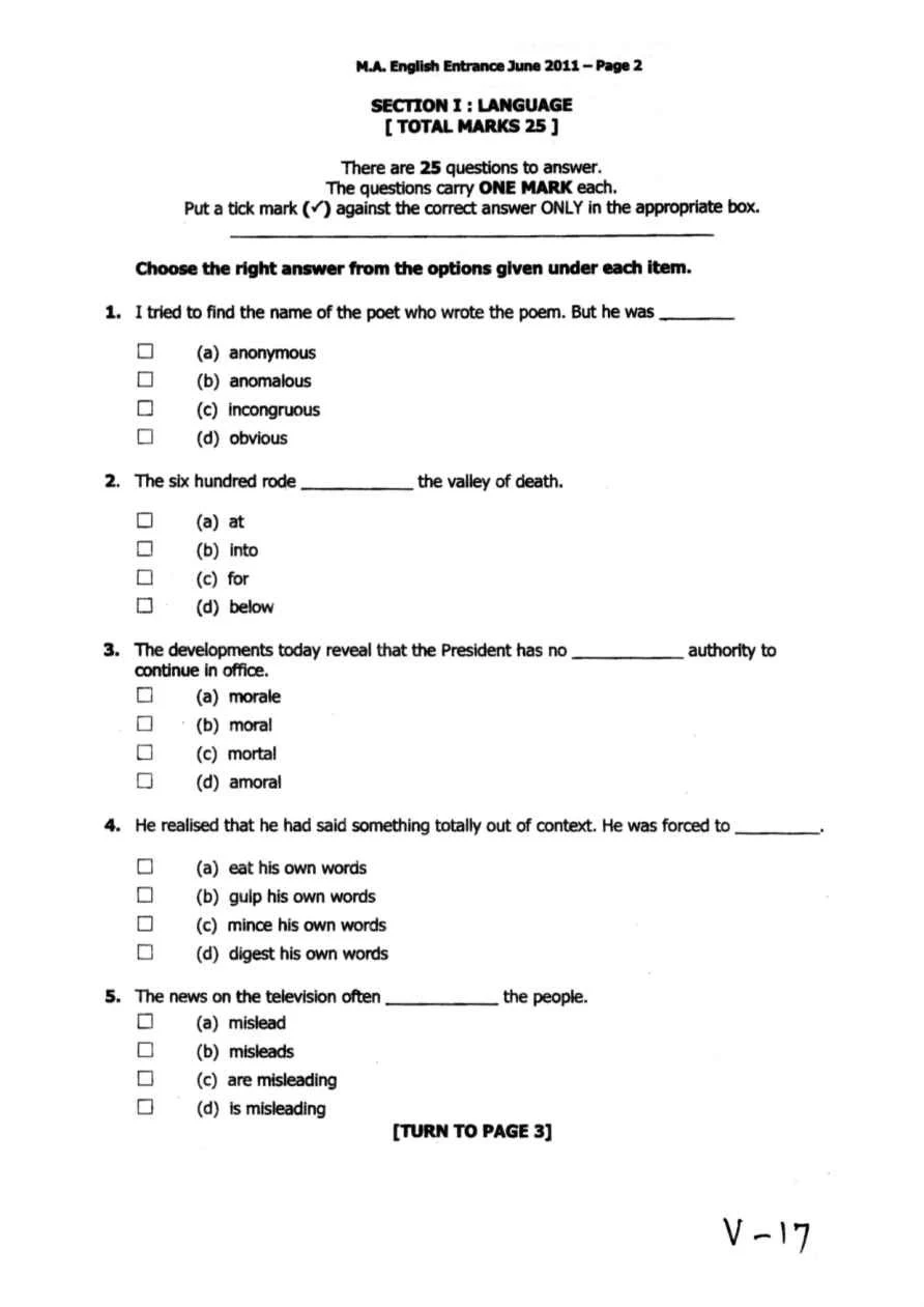 M.A English Entrence Exam Sample Question Paper 2011 | Guahati University Entrance Exam PG