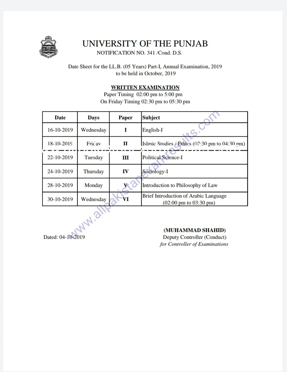 date sheet llb pu lahore part 1 2019