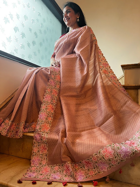 Unveiling the Delicate Charms of Onion Pink Tussar Saree: Embroidered Elegance with a Subtle Palette